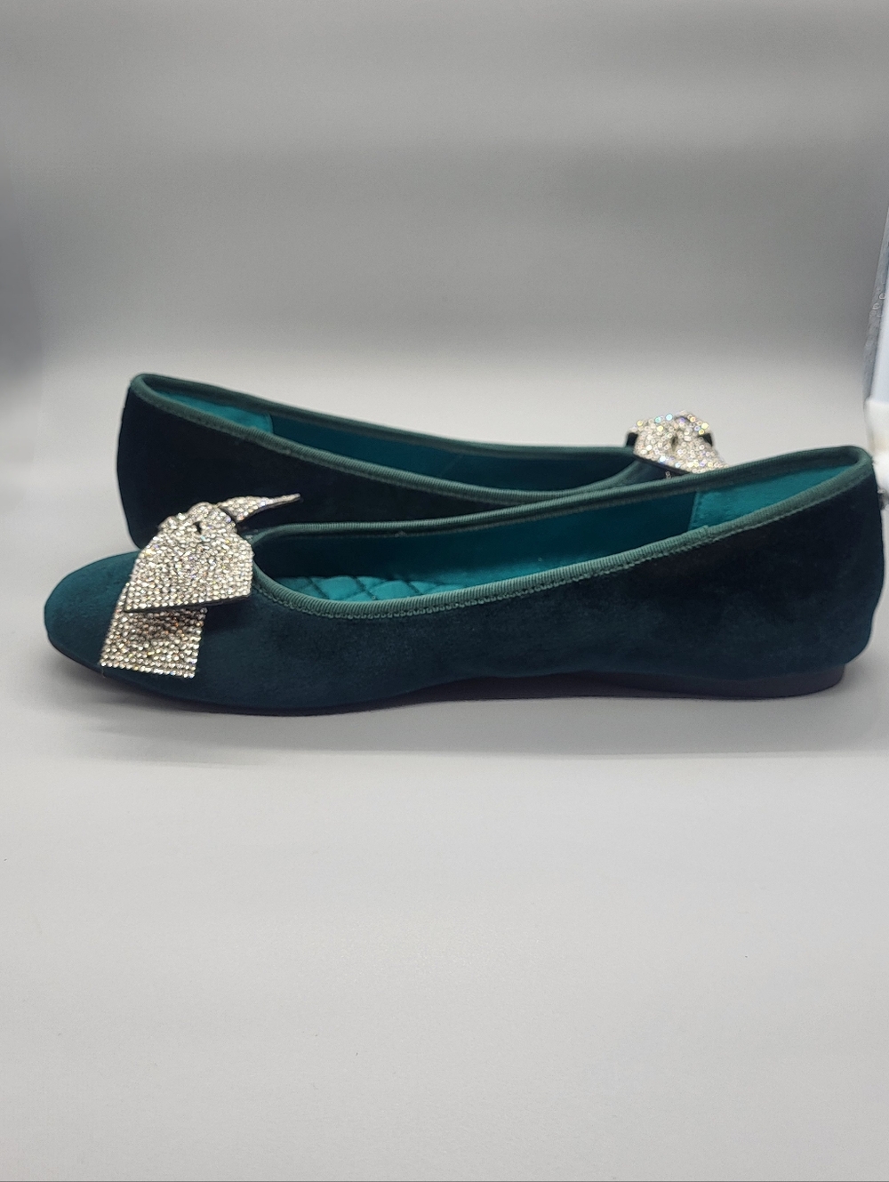 Birdies Teal Velvet Flats with Crystal Bow - Picture 11 of 14